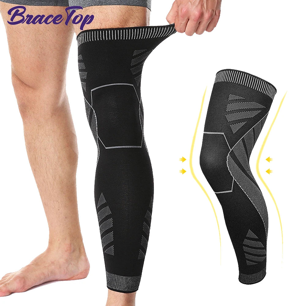 Full Leg Compression Sleeve with Knee Support - Breathable Fabric and Non-Slip Design, Black, Sizes M-L-XL