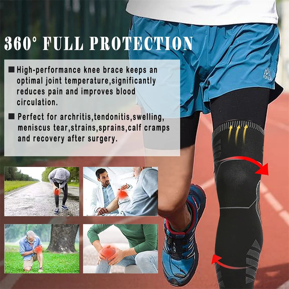 Full Leg Compression Sleeve with Knee Support - Breathable Fabric and Non-Slip Design, Black, Sizes M-L-XL