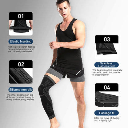 Full Leg Compression Sleeve with Knee Support - Breathable Fabric and Non-Slip Design, Black, Sizes M-L-XL