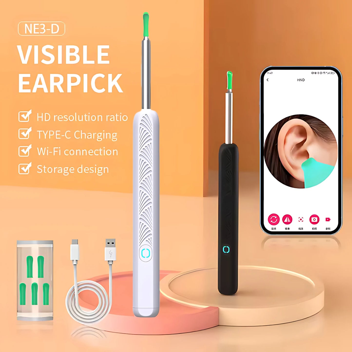 Wireless Ear Cleaner with 1296P Camera, USB-C Charging and WiFi